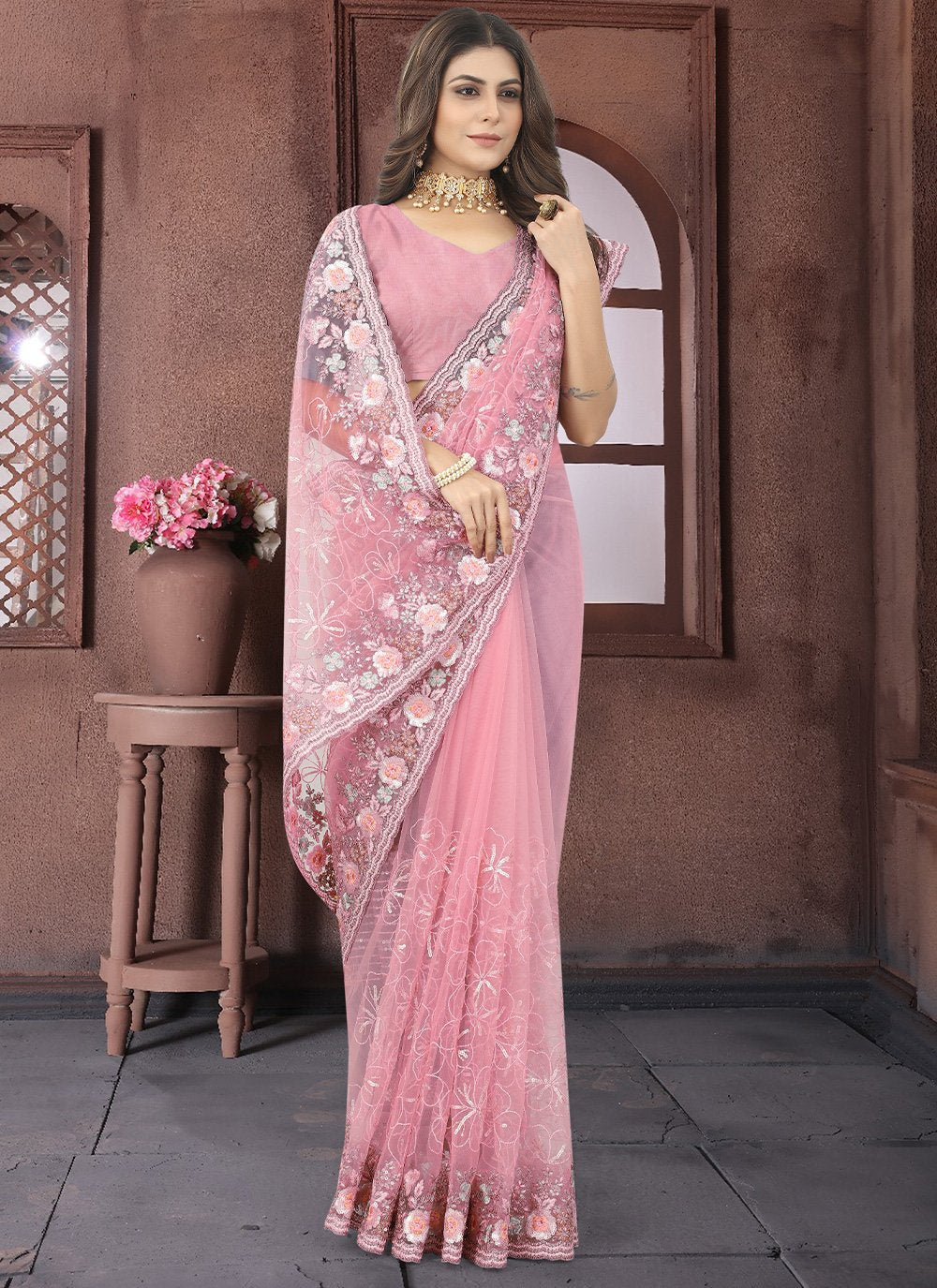 Classic Net Pink Embroidered Saree