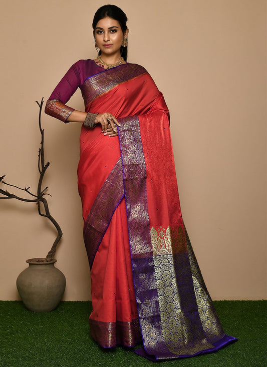 Trendy Saree Kanjivaram Silk Red Hand Work Saree