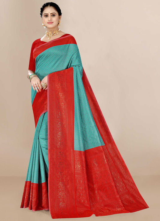 Trendy Saree Banarasi Silk Aqua Blue Jacquard Work Saree