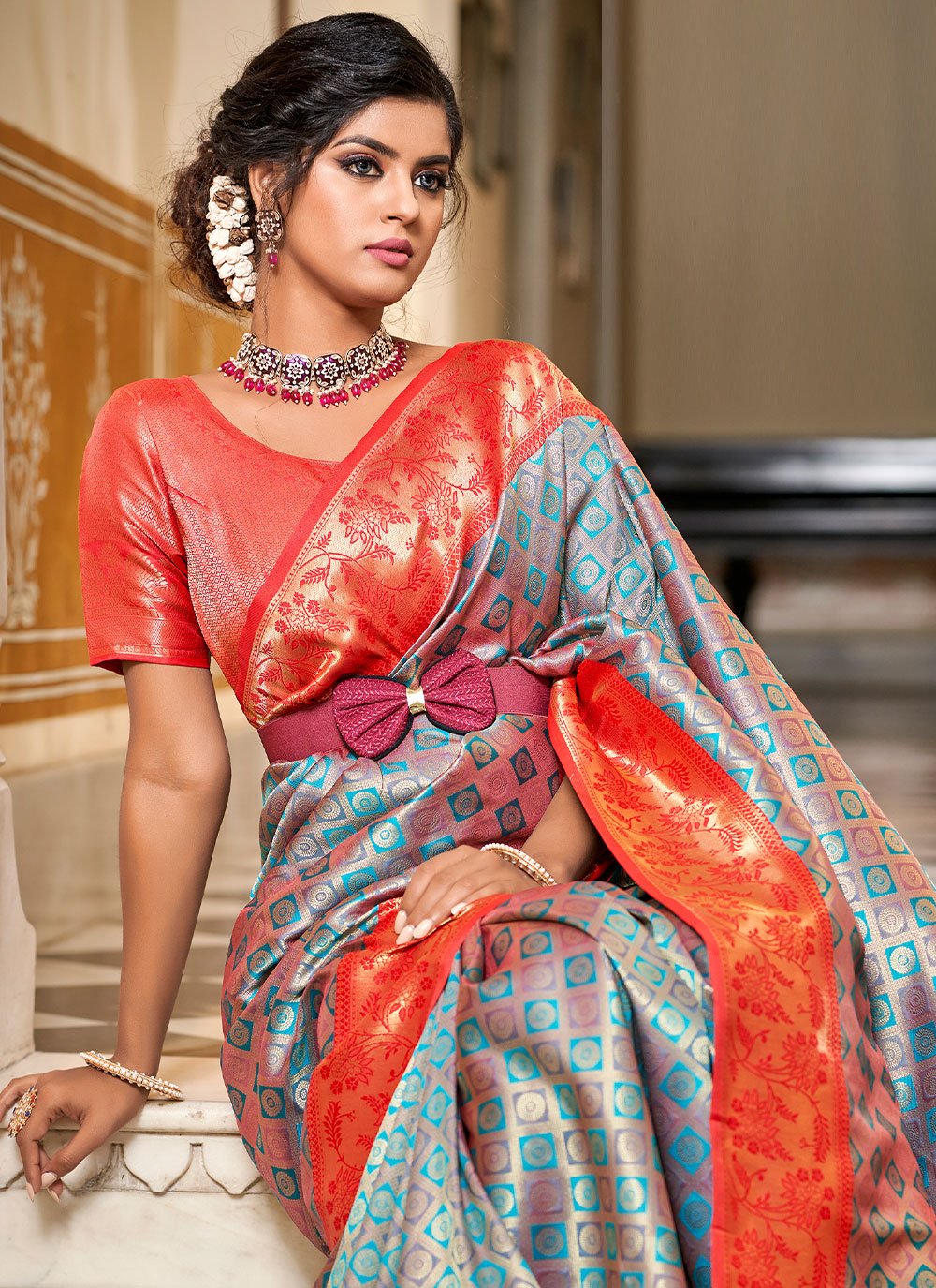 Trendy Saree Banarasi Silk Grey Orange Jacquard Work Saree