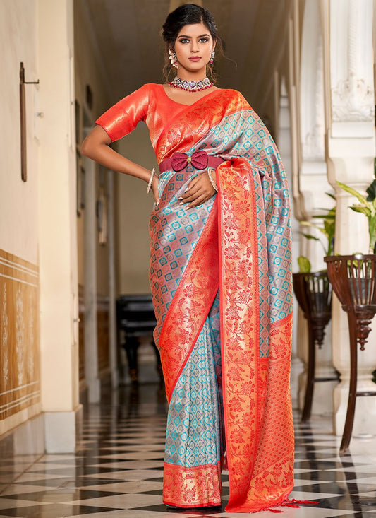 Trendy Saree Banarasi Silk Grey Orange Jacquard Work Saree