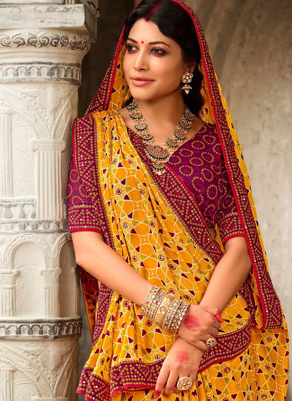 Trendy Saree Faux Chiffon Mustard Print Saree