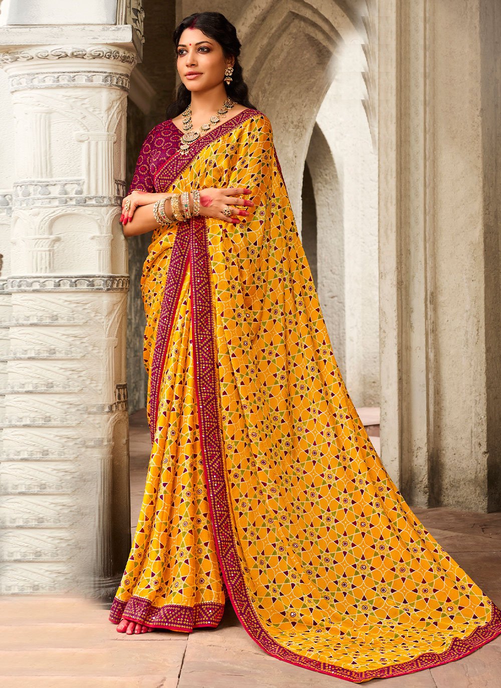 Trendy Saree Faux Chiffon Mustard Print Saree