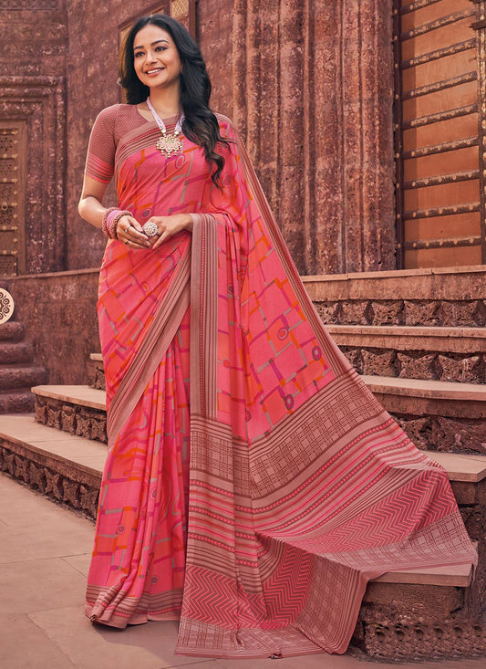 Classic Faux Crepe Peach Print Saree