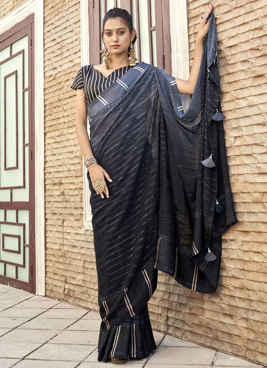 Trendy Saree Georgette Viscose Black Patch Border Saree