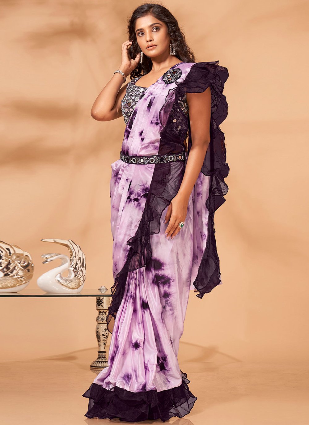 Classic Georgette Satin Purple Print Saree