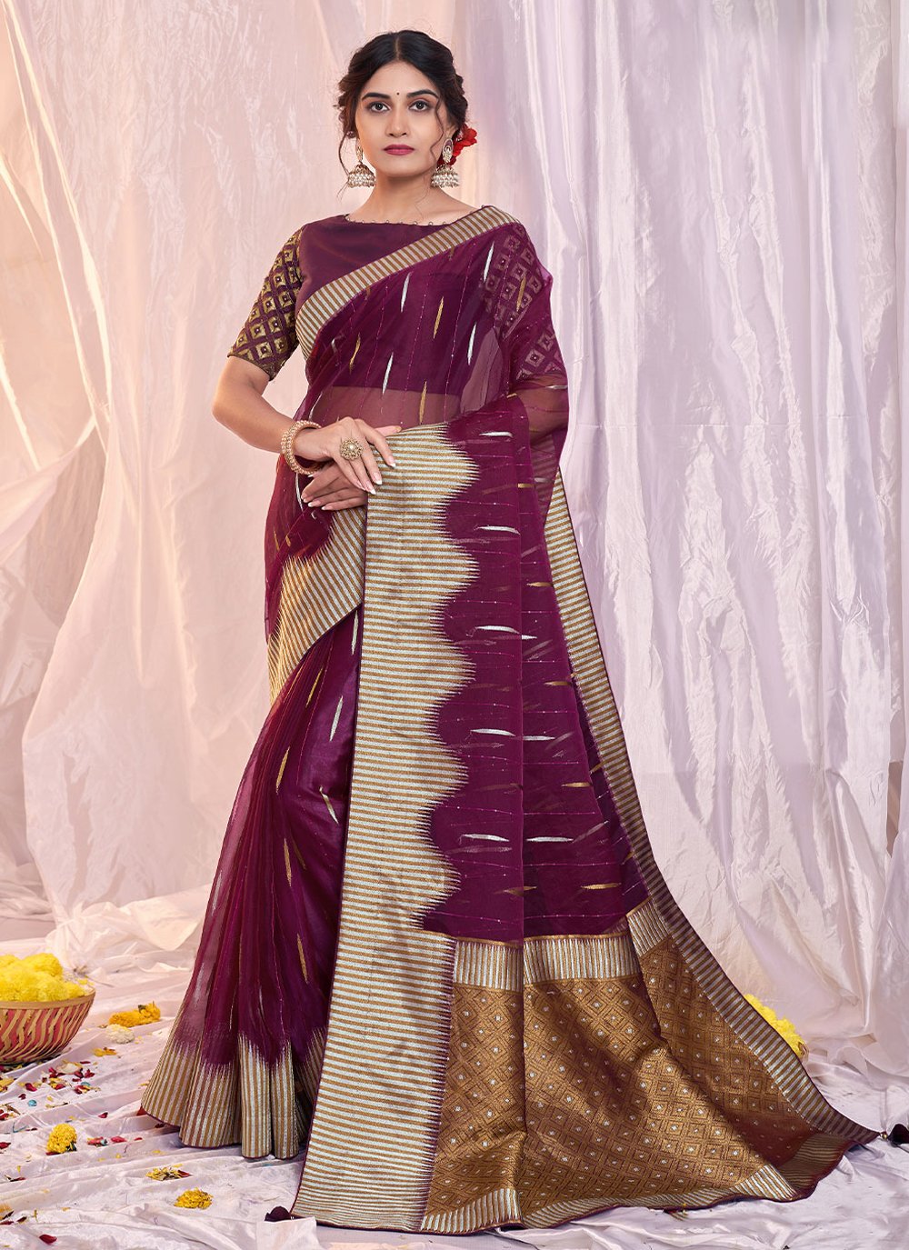 Trendy Saree Organza Silk Purple Print Saree