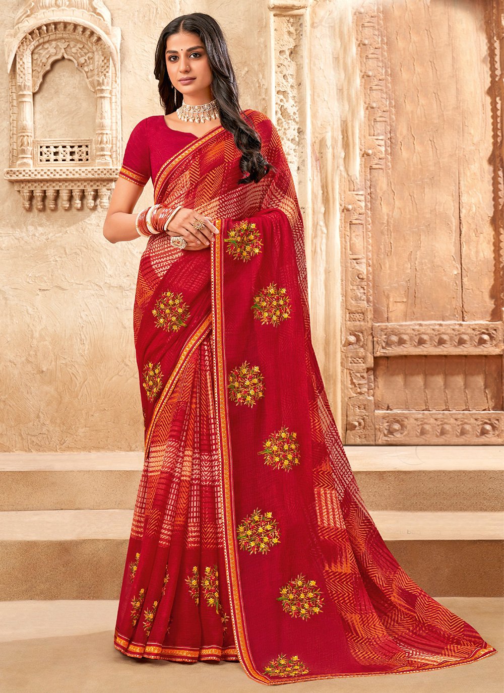 Trendy Saree Chiffon Red Fancy Work Saree