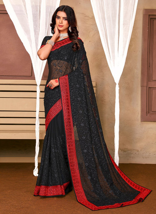 Classic Georgette Black Embroidered Saree