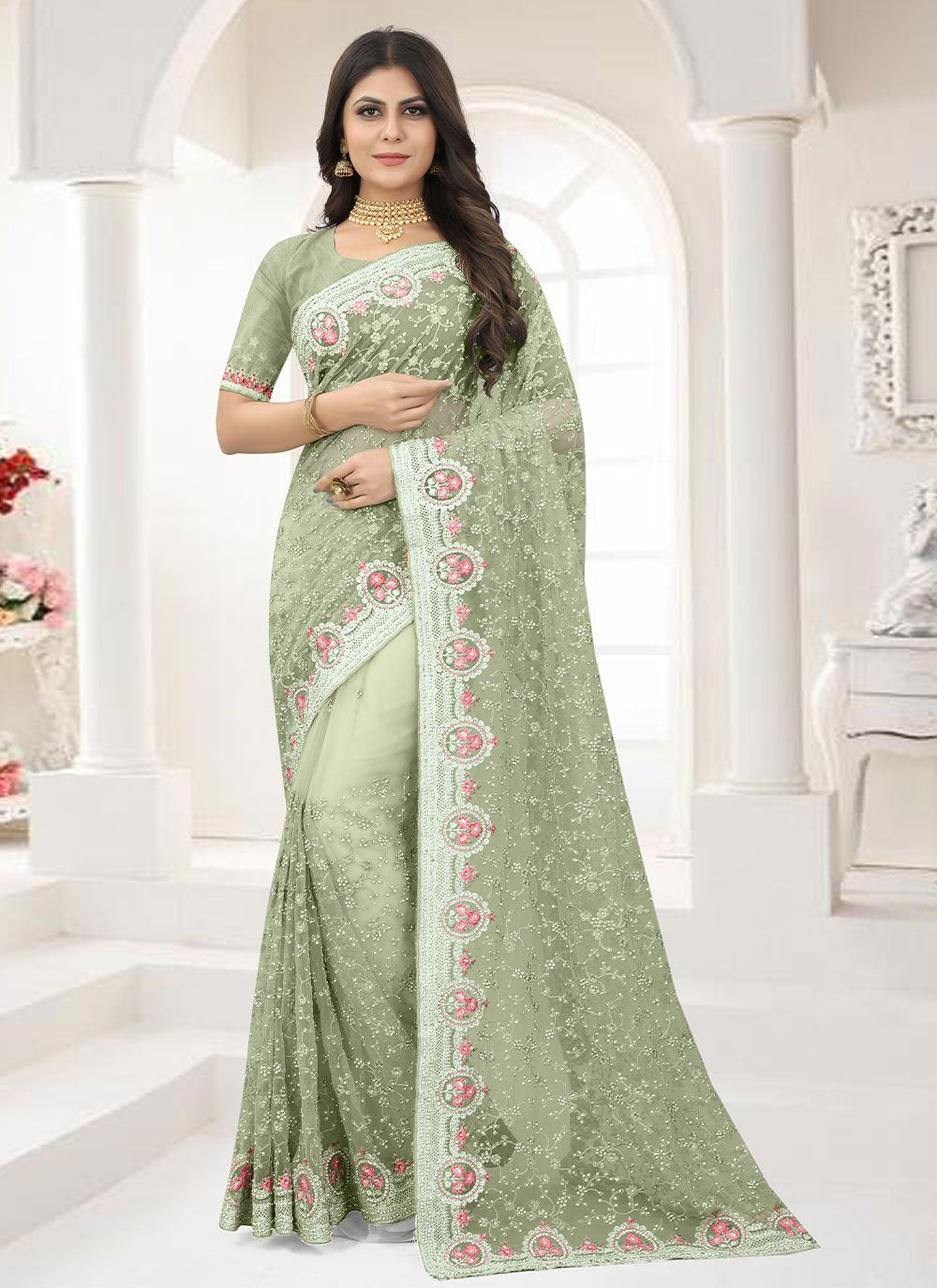 Trendy Saree Net Green Embroidered Saree