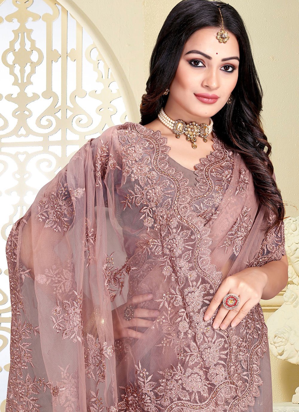 Classic Net Mauve Embroidered Saree