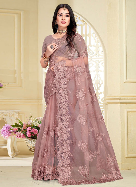 Classic Net Mauve Embroidered Saree