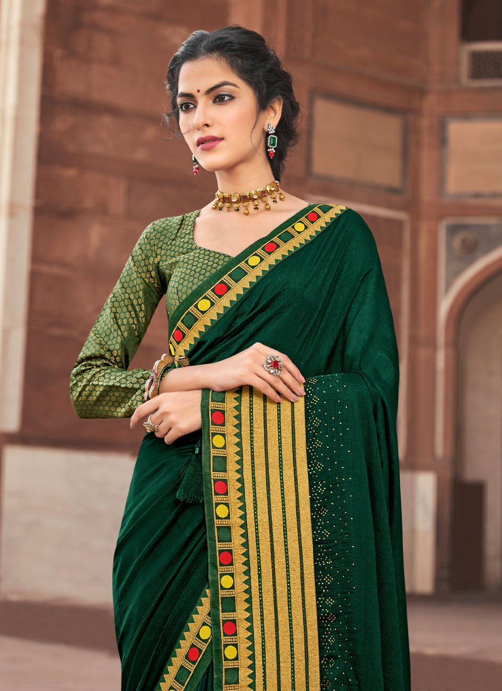 Trendy Saree Vichitra Silk Green Embroidered Saree