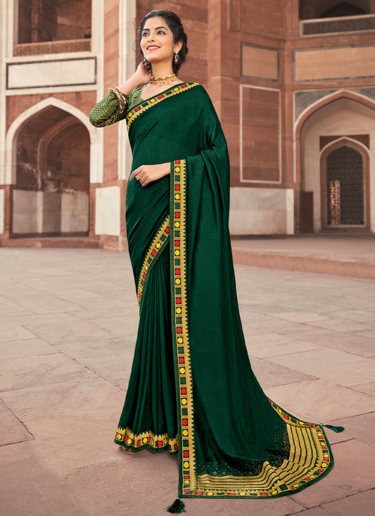 Trendy Saree Vichitra Silk Green Embroidered Saree