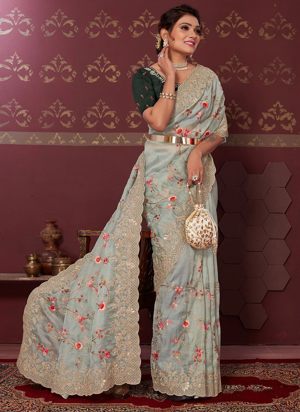 Trendy Saree Net Aqua Blue Embroidered Saree