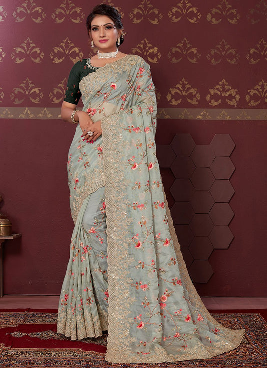 Trendy Saree Net Aqua Blue Embroidered Saree