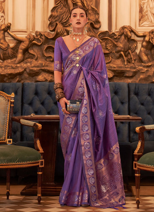 Trendy Saree Handloom Silk Tussar Silk Purple Sequins Saree