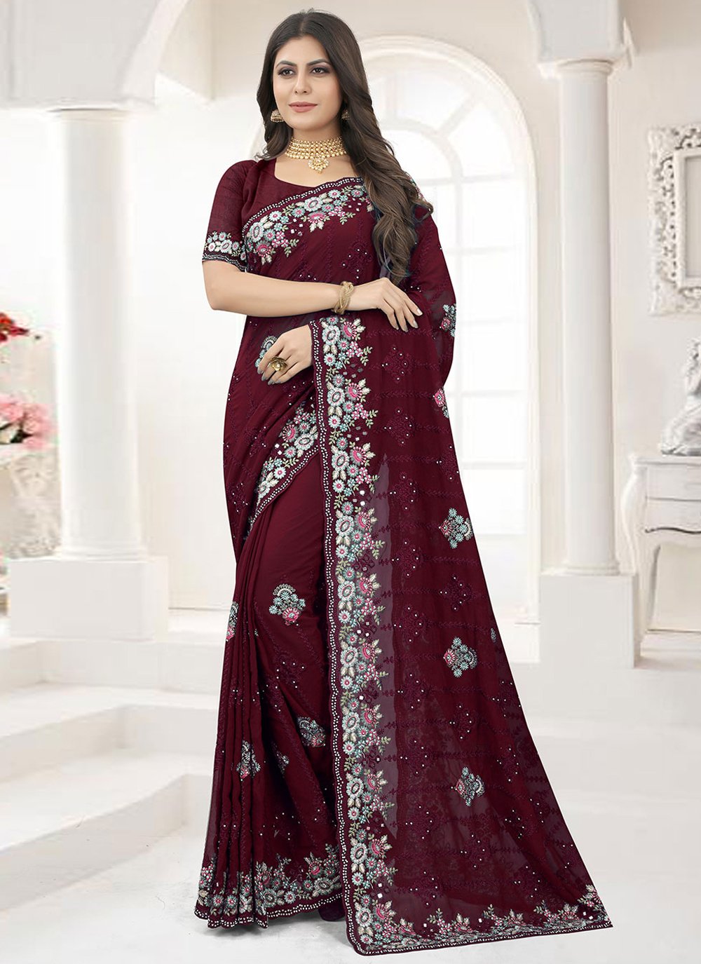 Classic Georgette Maroon Embroidered Saree