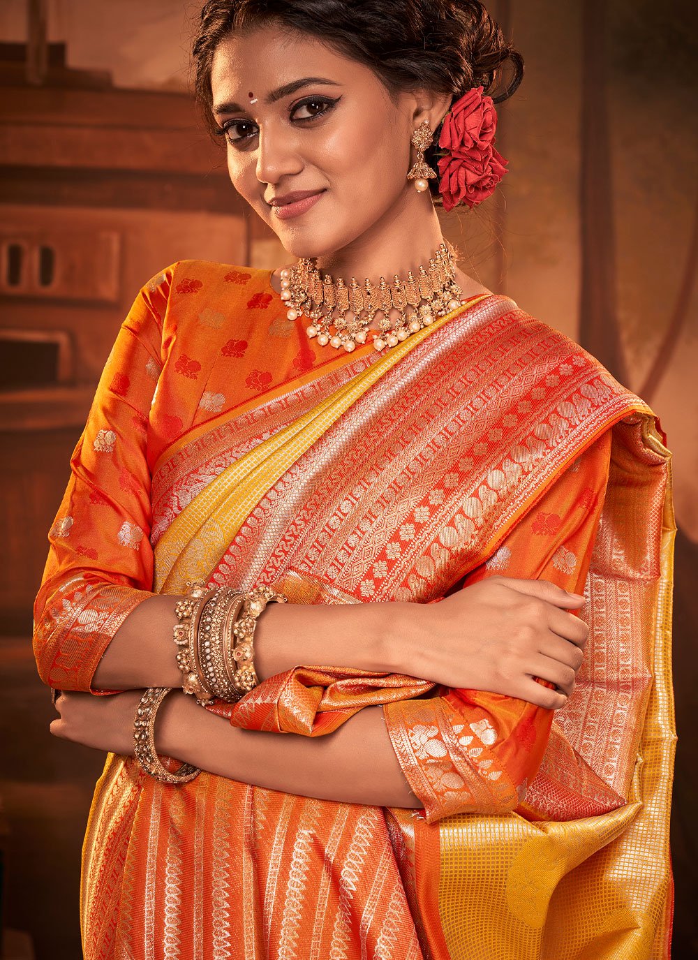 Trendy Saree Kanchipuram Silk Orange Yellow Weaving Saree