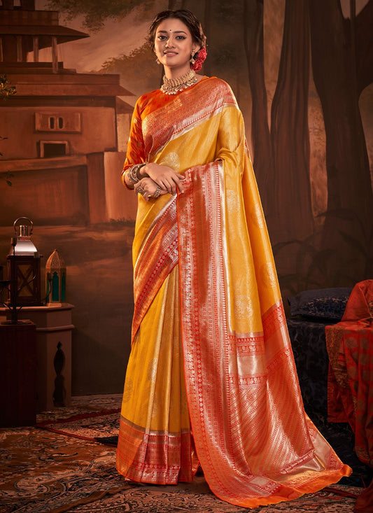 Trendy Saree Kanchipuram Silk Orange Yellow Weaving Saree