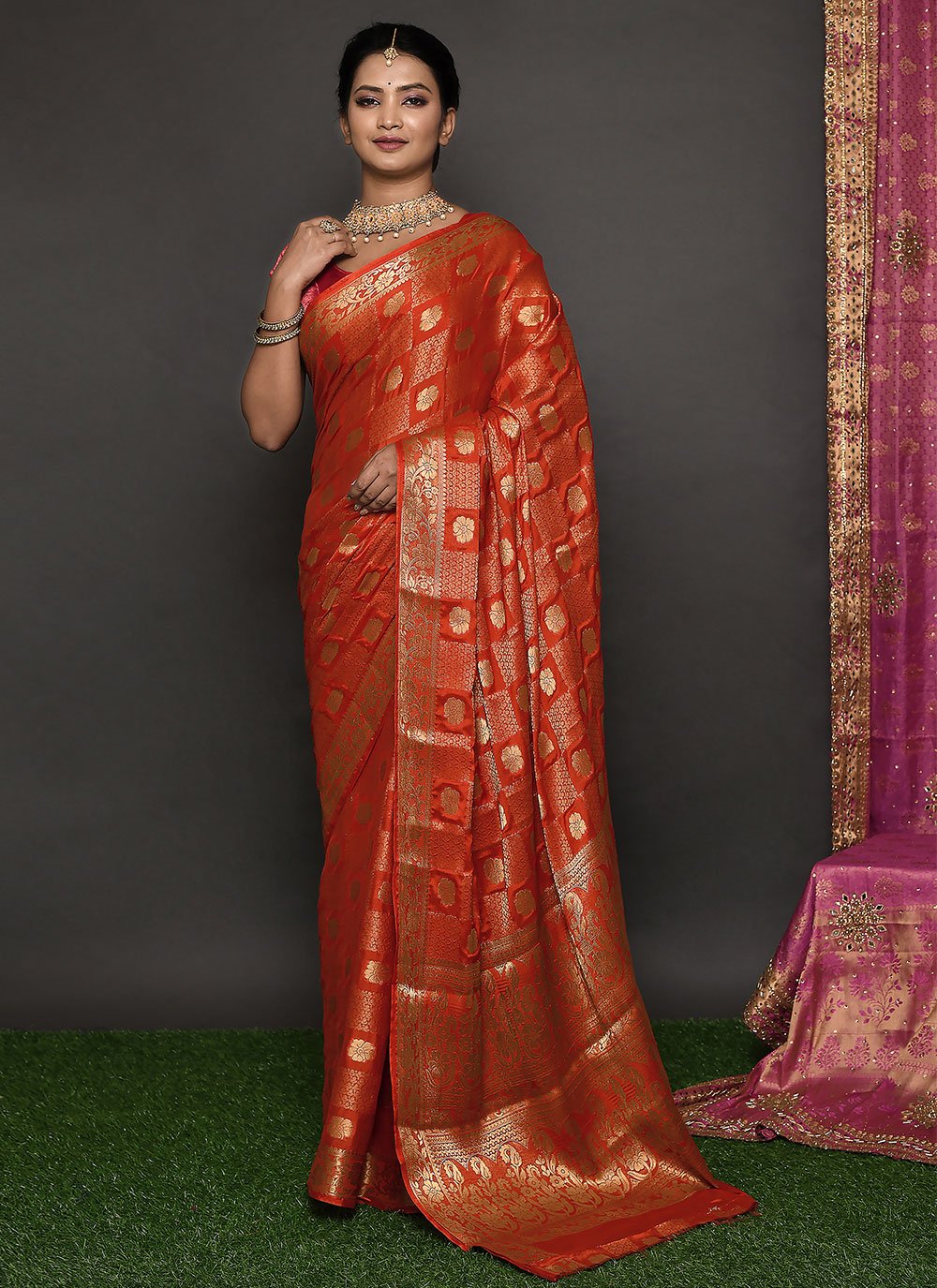 Classic Kanjivaram Silk Rust Weaving Saree