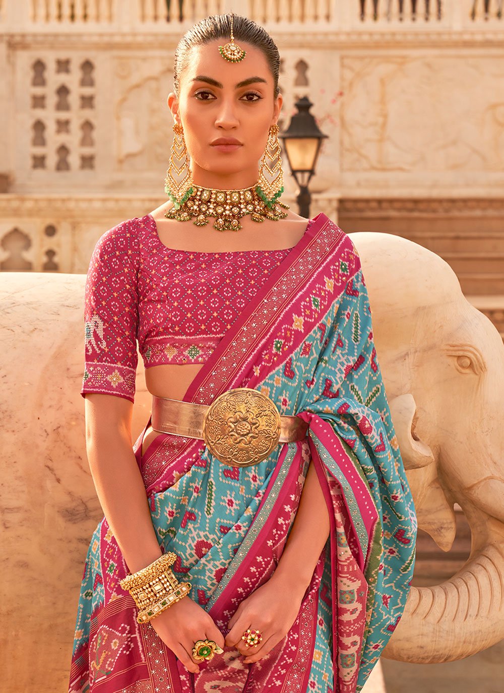 Classic Patola Silk Aqua Blue Pink Weaving Saree