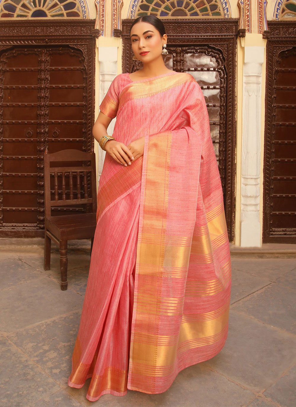 Trendy Saree Linen Silk Pink Woven Saree