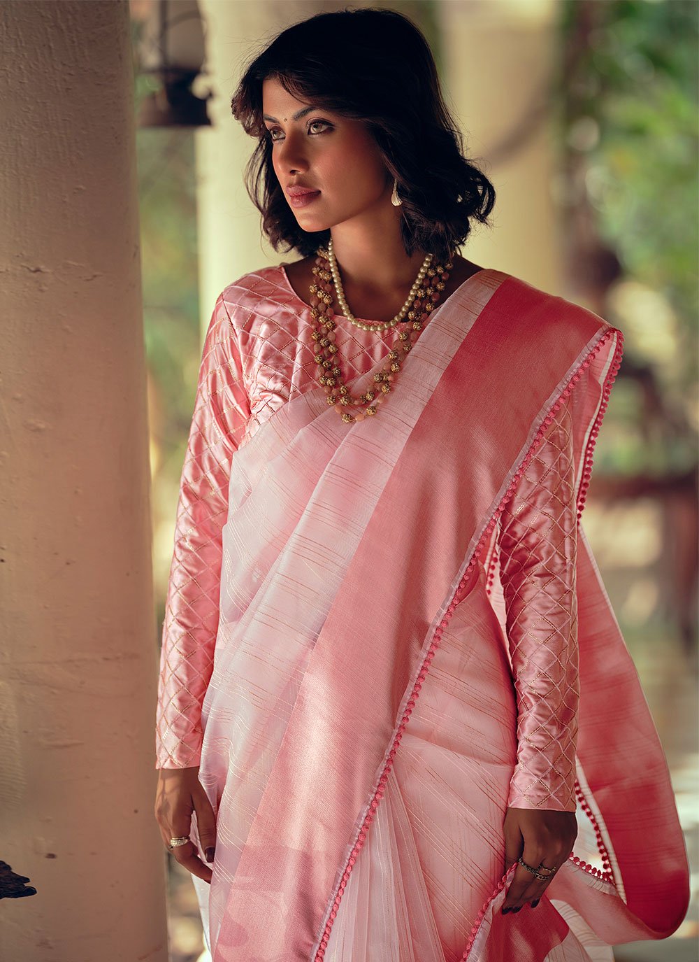 Trendy Saree Organza Pink Woven Saree