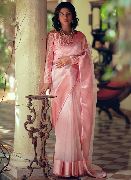 Trendy Saree Organza Pink Woven Saree