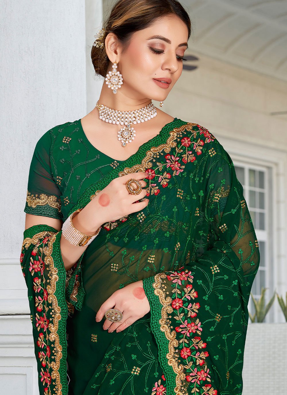 Trendy Saree Georgette Green Embroidered Saree