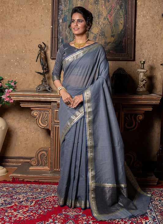 Classic Linen Silk Grey Patch Border Saree