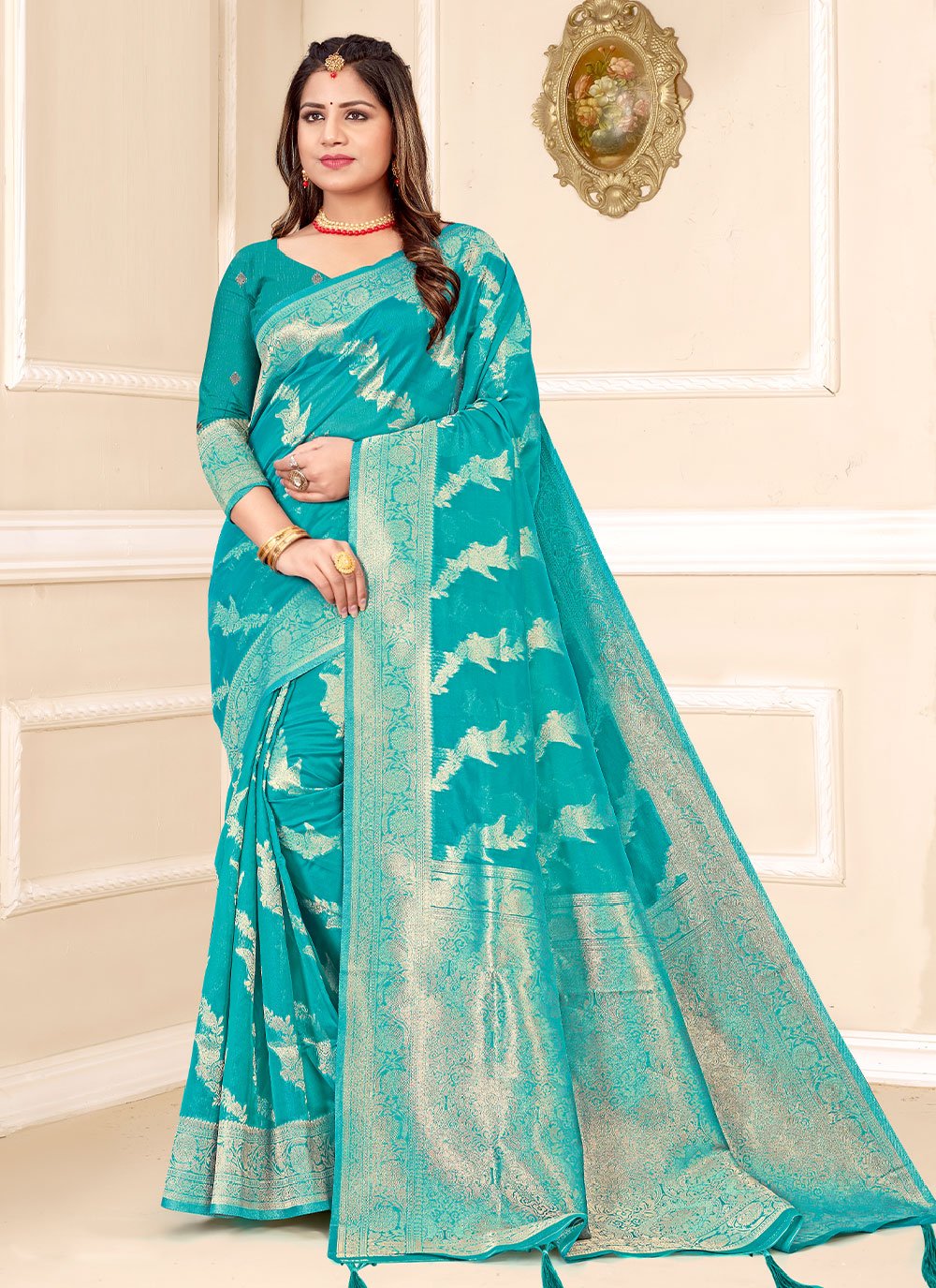 Classic Organza Firozi Zari Saree