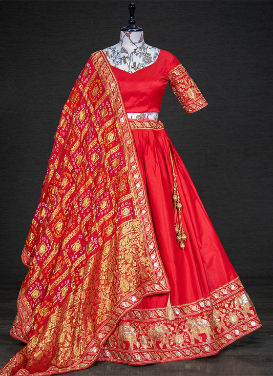 A Line Lehenga Satin Red Embroidered Lehenga Choli