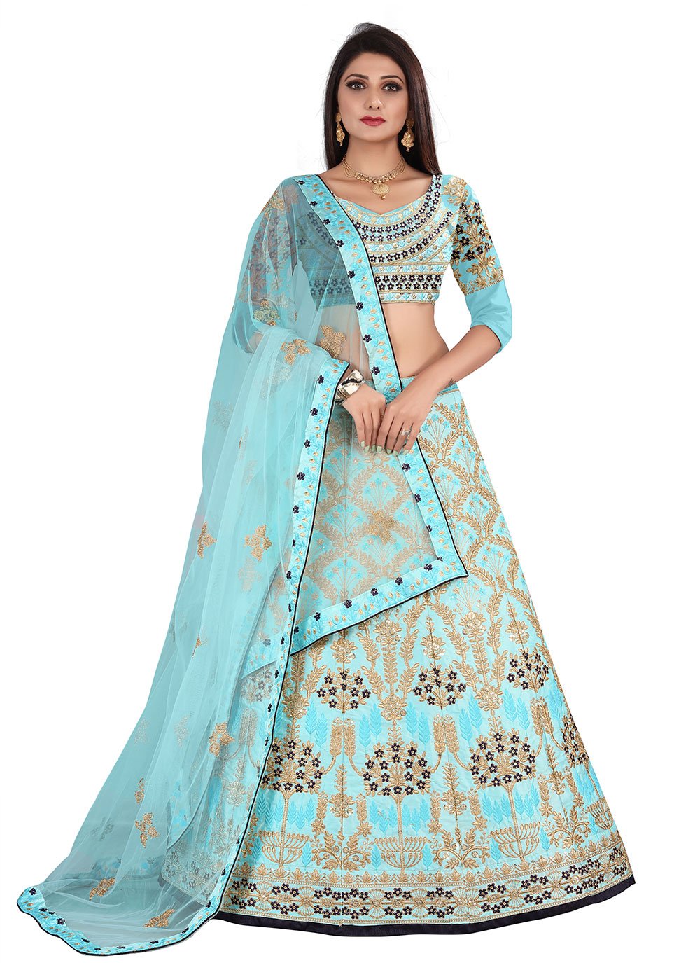 A Line Lehenga Satin Aqua Blue Embroidered Lehenga Choli