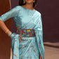 Contemporary Satin Aqua Blue Floral Patch Saree