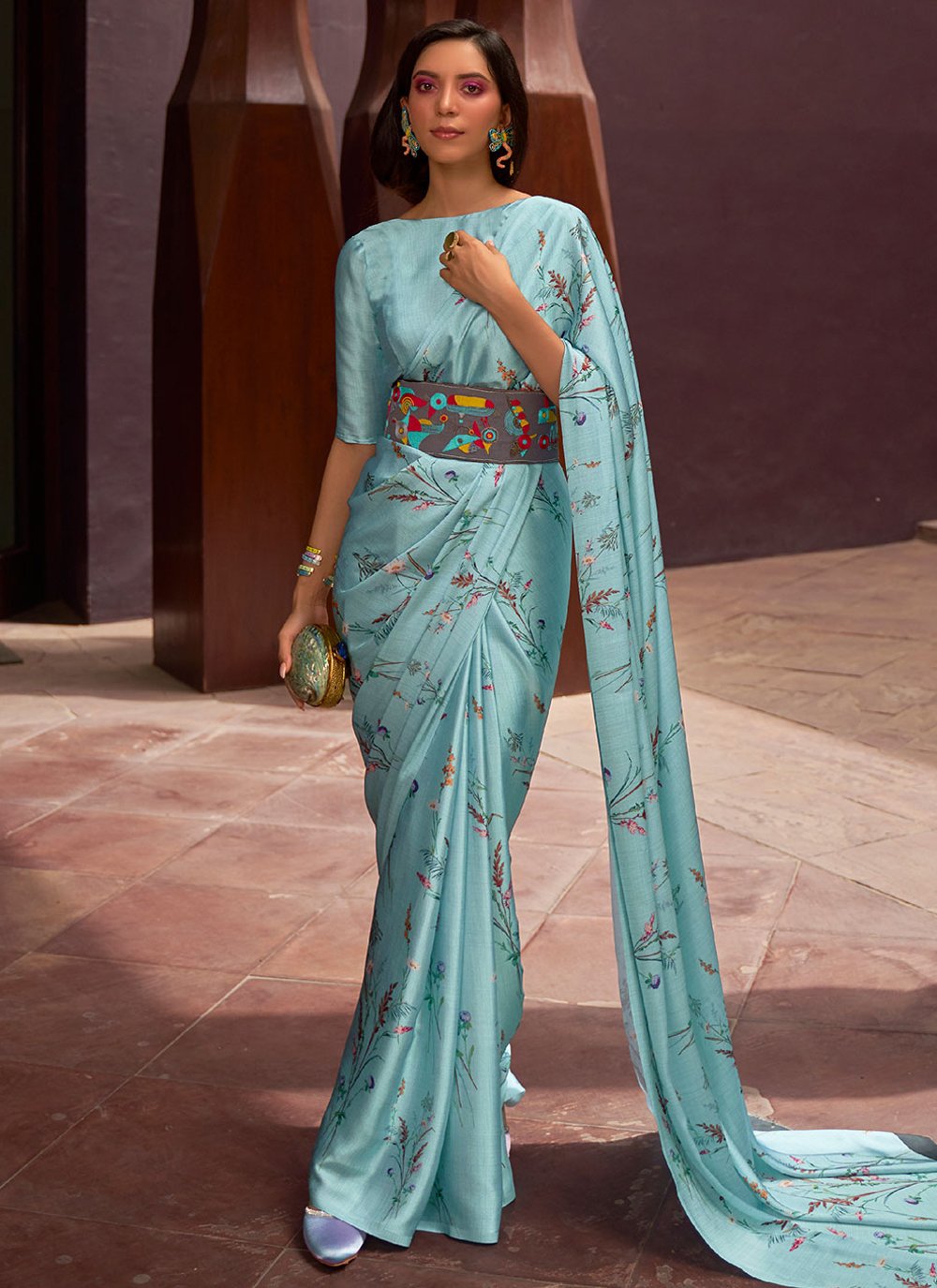 Contemporary Satin Aqua Blue Floral Patch Saree