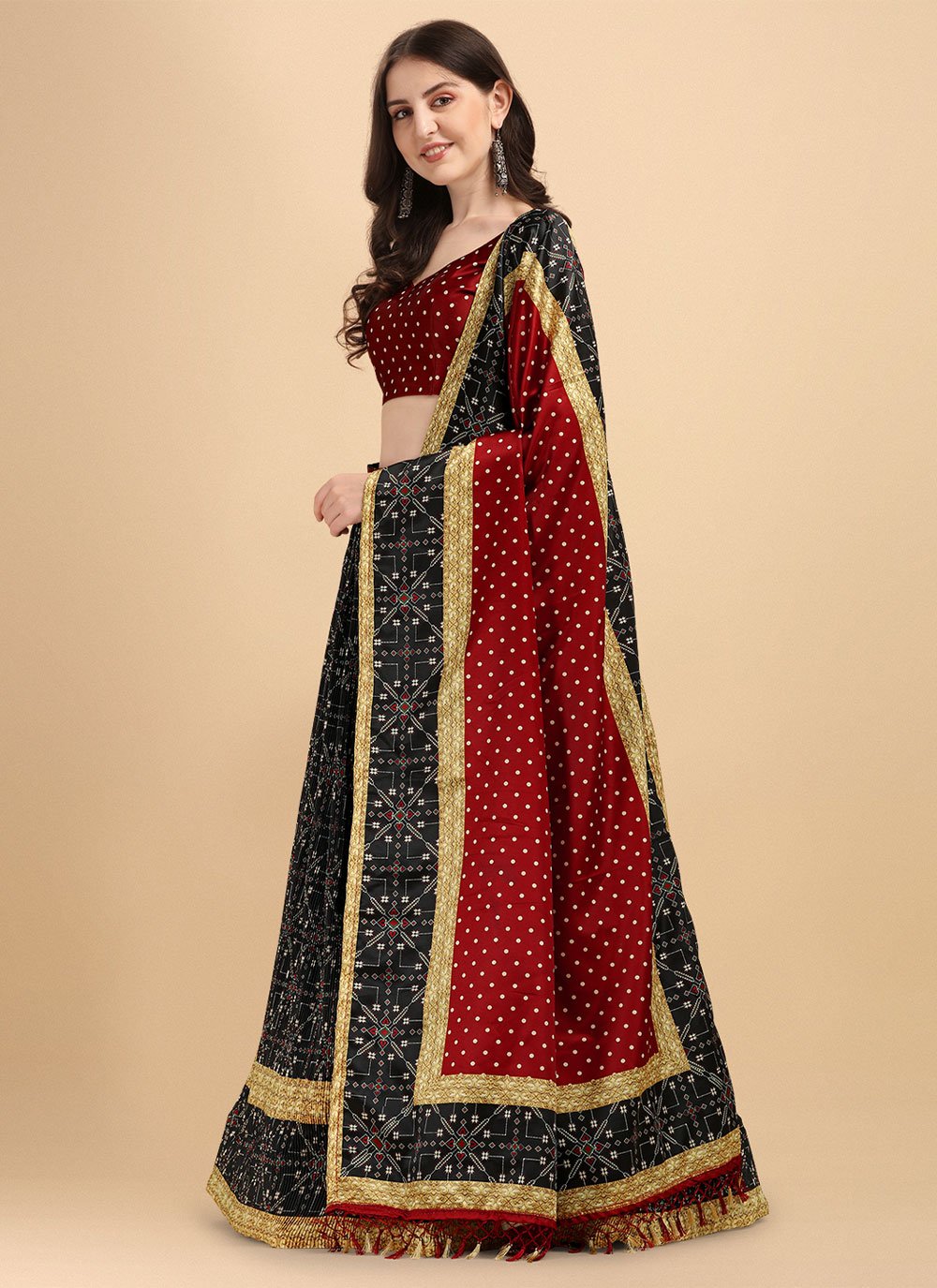 A Line Lehenga Satin Black Digital Print Lehenga Choli