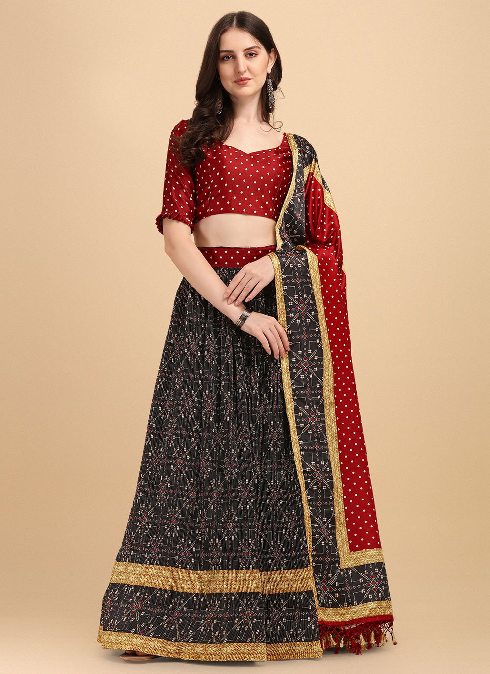 A Line Lehenga Satin Black Digital Print Lehenga Choli