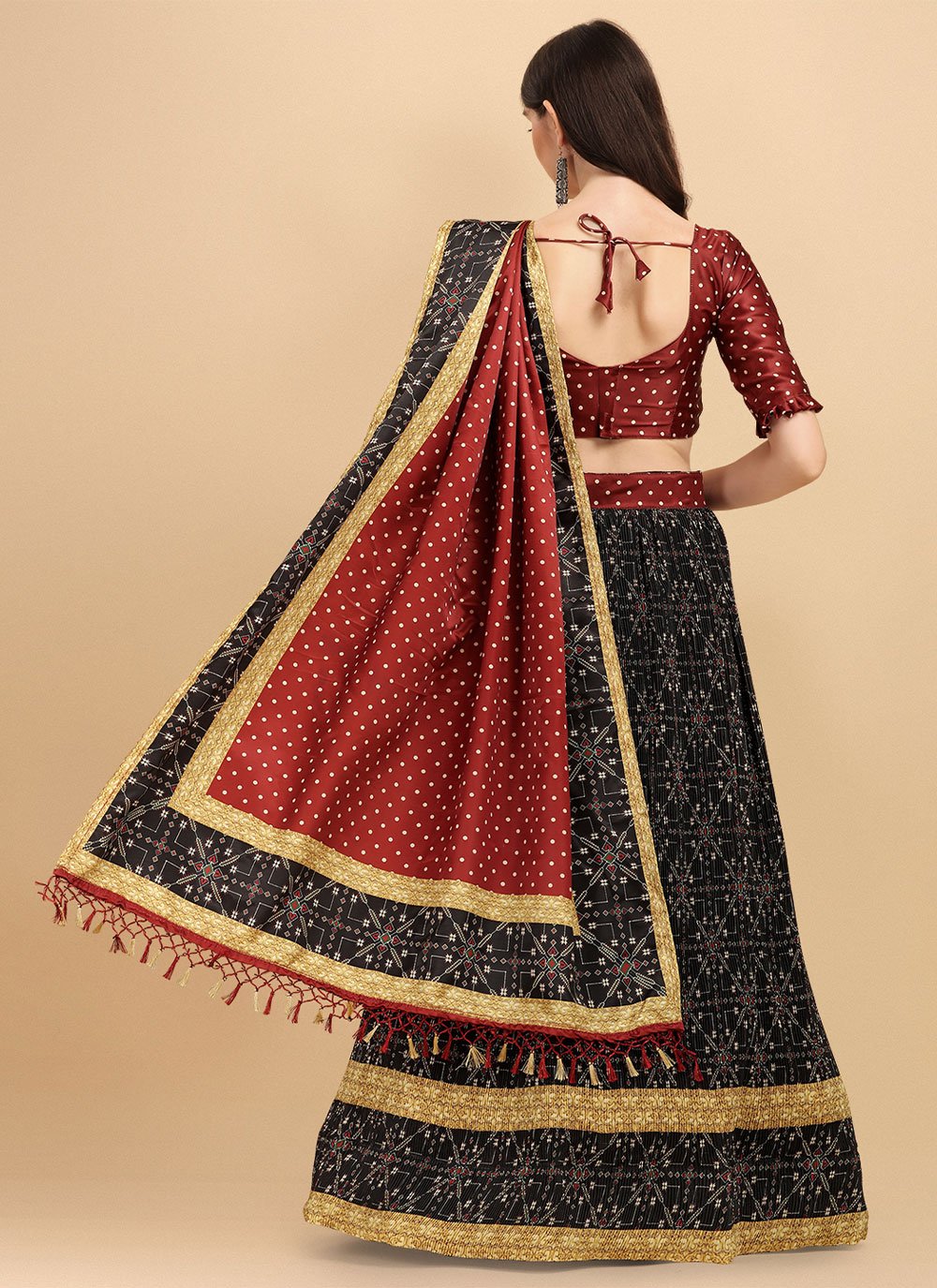 A Line Lehenga Satin Black Digital Print Lehenga Choli