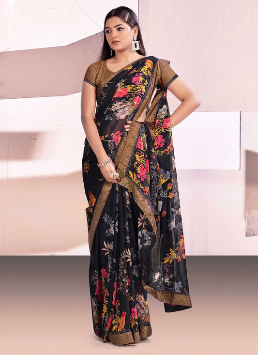 Contemporary Satin Black Digital Print Saree