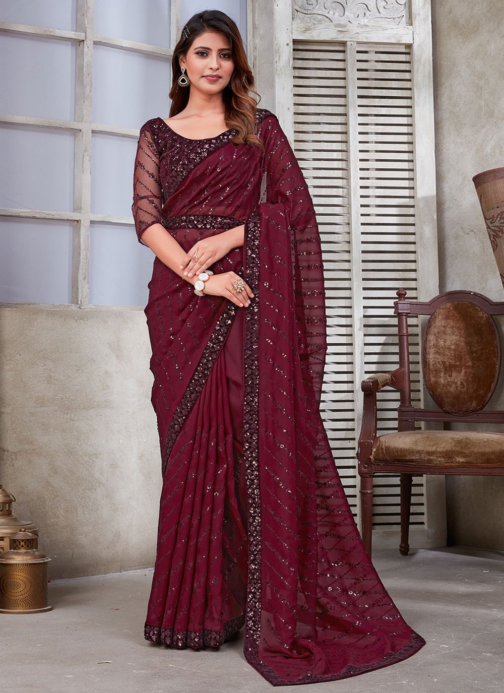 Classic Organza Satin Maroon Patch Border Saree