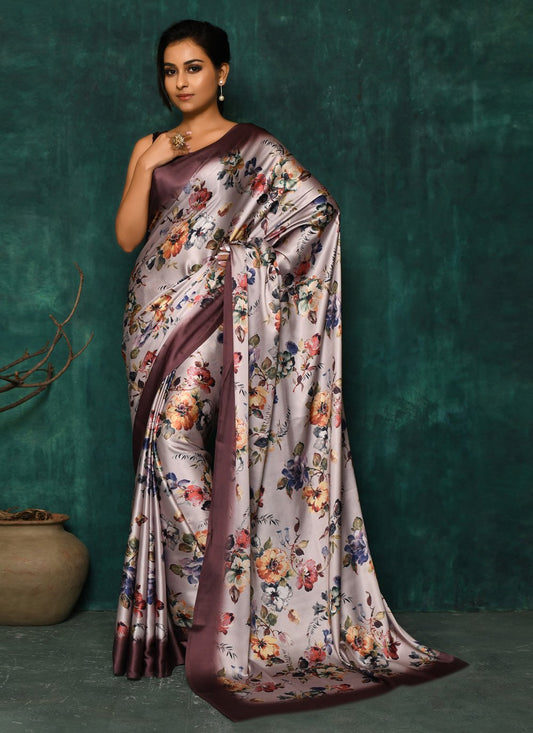 Designer Satin Brown Digital Print Saree