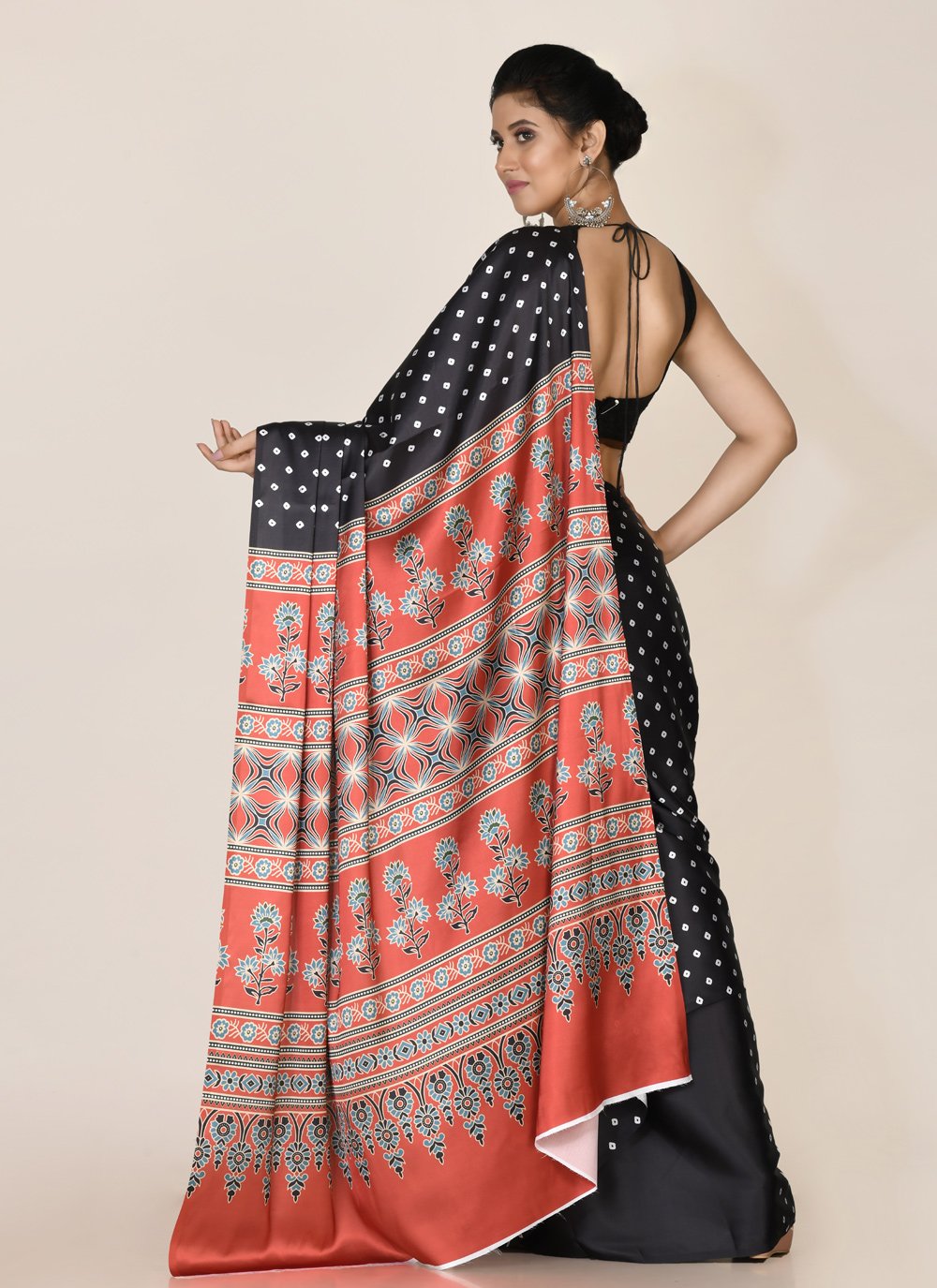 Designer Satin Black Red Digital Print Saree