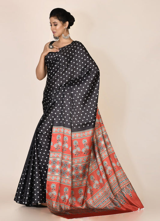 Designer Satin Black Red Digital Print Saree