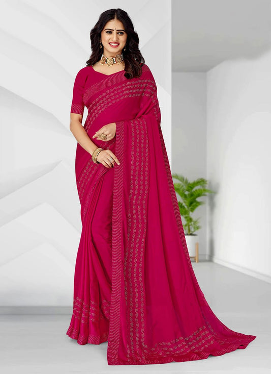 Classic Satin Magenta Embroidered Saree