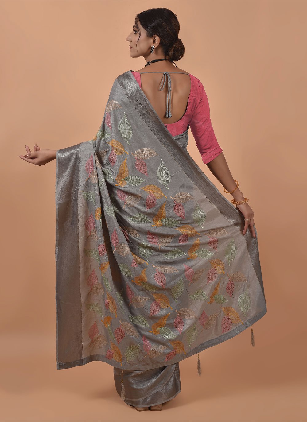 Contemporary Satin Grey Embroidered Saree