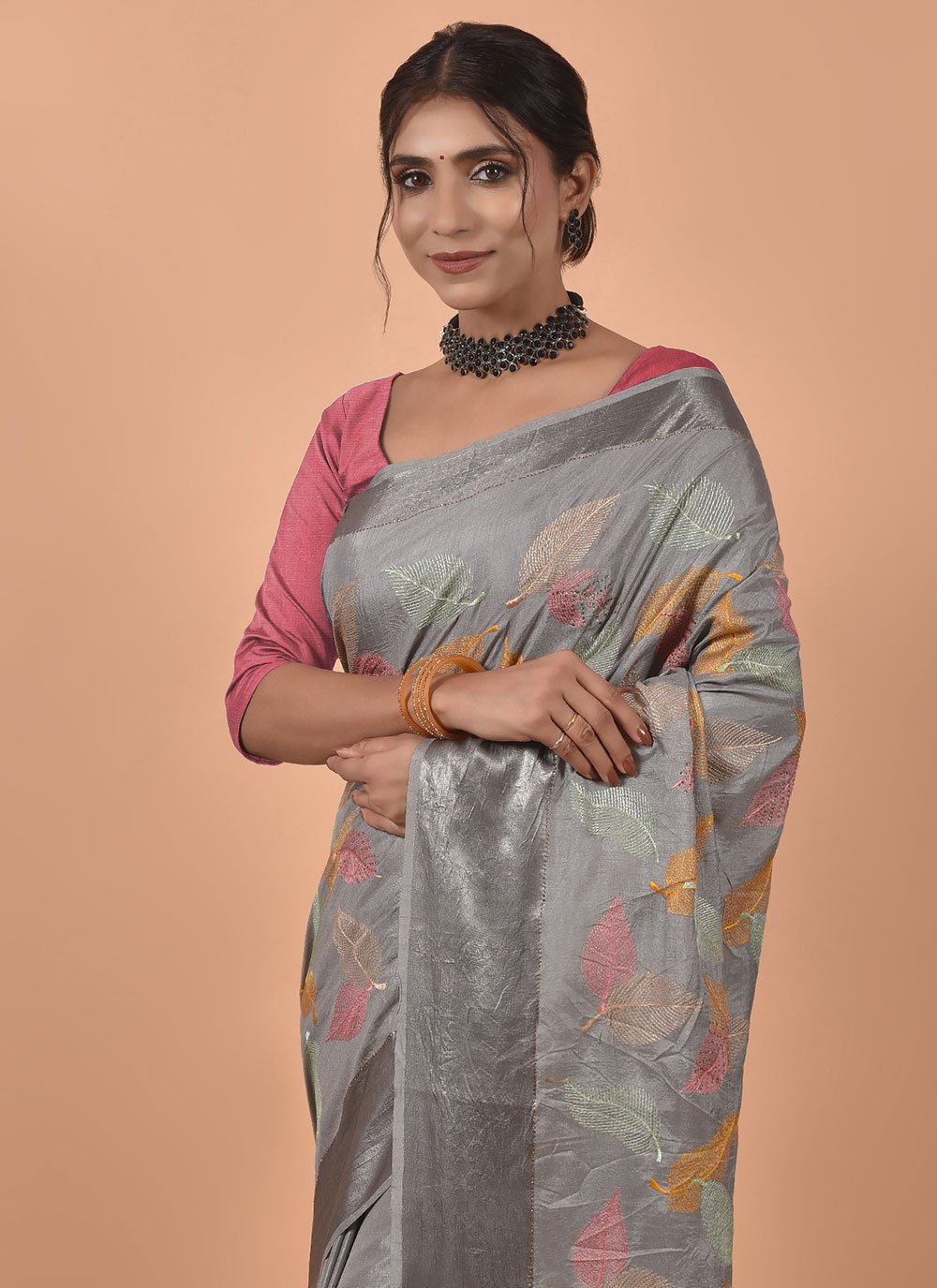 Contemporary Satin Grey Embroidered Saree