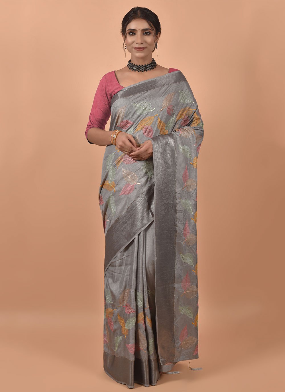 Contemporary Satin Grey Embroidered Saree