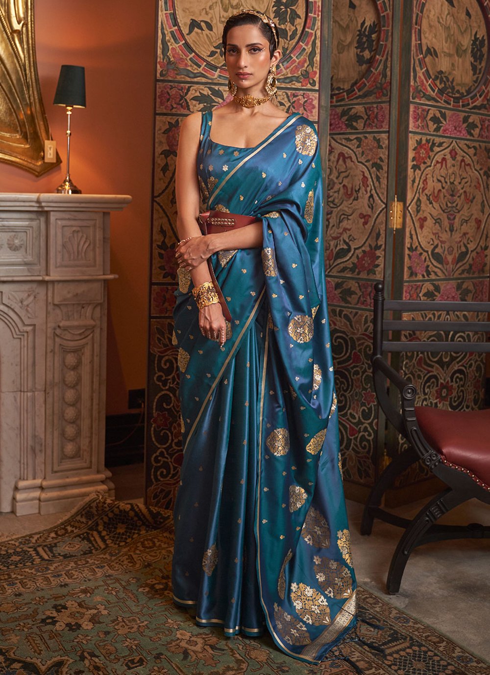 Contemporary Satin Aqua Blue Weaving Saree