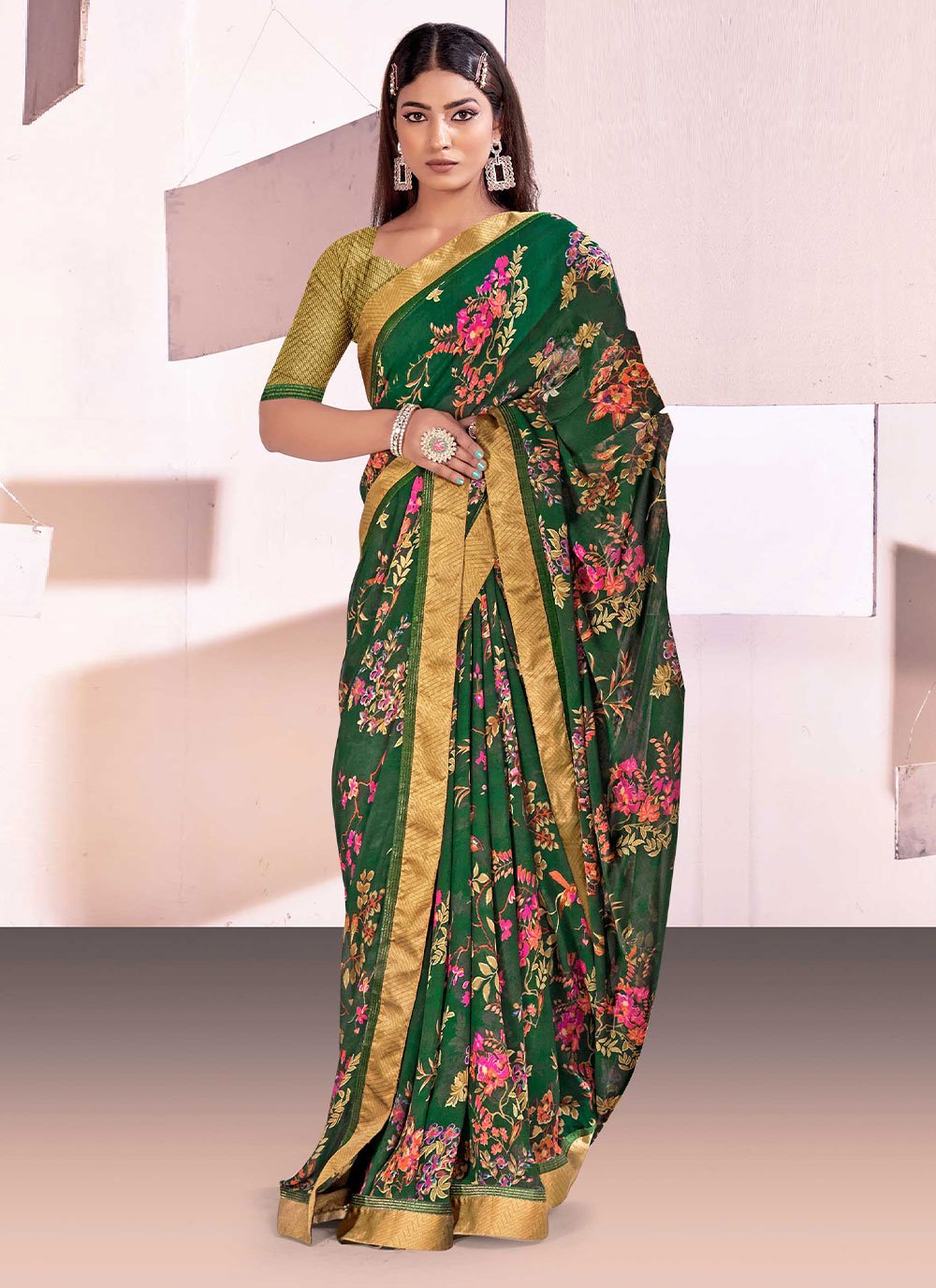 Contemporary Satin Green Digital Print Saree